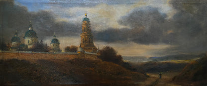 Oil painting Before the Rain by Litvinov Oleg Arkad’yevich, church towers under cloudy sky