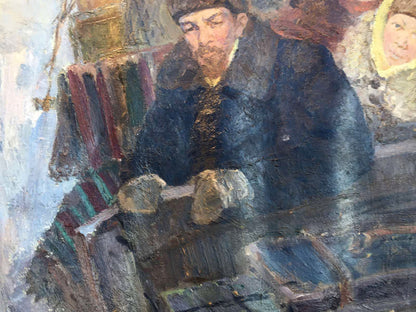 Man in fur-lined coat on bench, Goodbye Shusha by Nikolenko oil painting