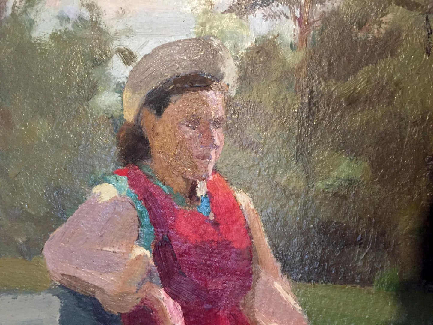 Impressionistic oil painting of woman in park by Leonid Mikhailovich Stil