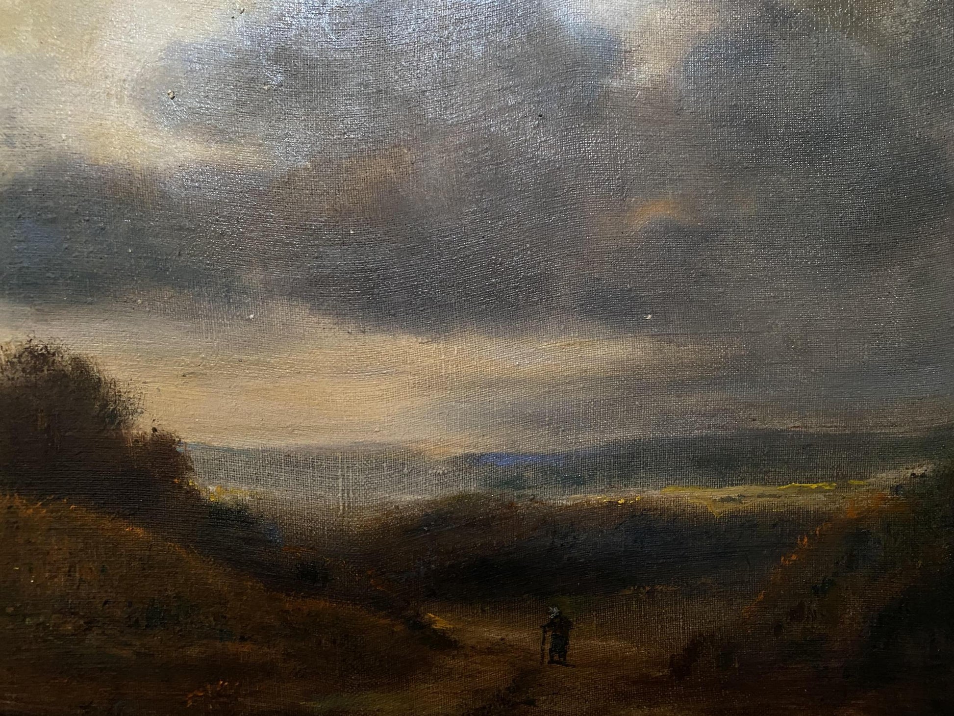 Oil painting Before the Rain by Litvinov Oleg Arkad’yevich: moody figure on path under textured sky