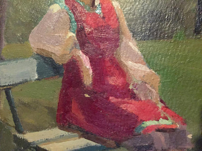 Impressionistic oil painting of woman in red dress on park bench by Leonid Mikhailovich Stil