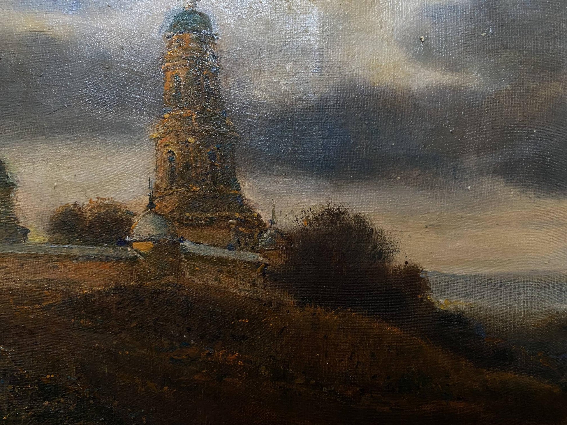 Weathered oil painting Before the Rain by Litvinov Oleg Arkad’yevich, church tower
