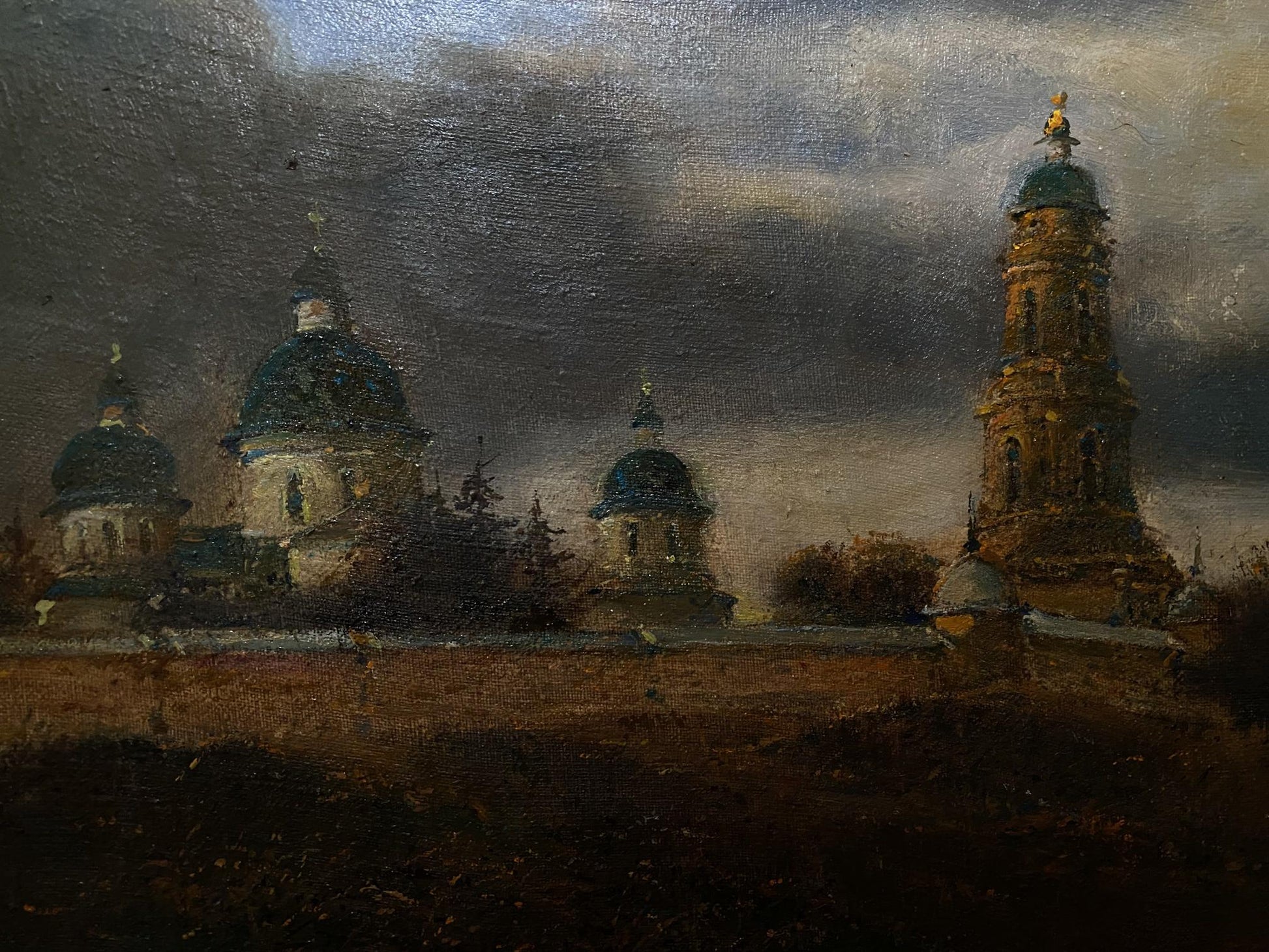 Oil painting Before the Rain by Litvinov Oleg Arkad’yevich, historic domed buildings under moody sky