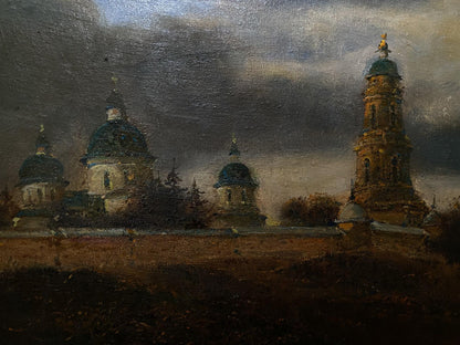 Oil painting Before the Rain by Litvinov Oleg Arkad’yevich, historic domed buildings under moody sky