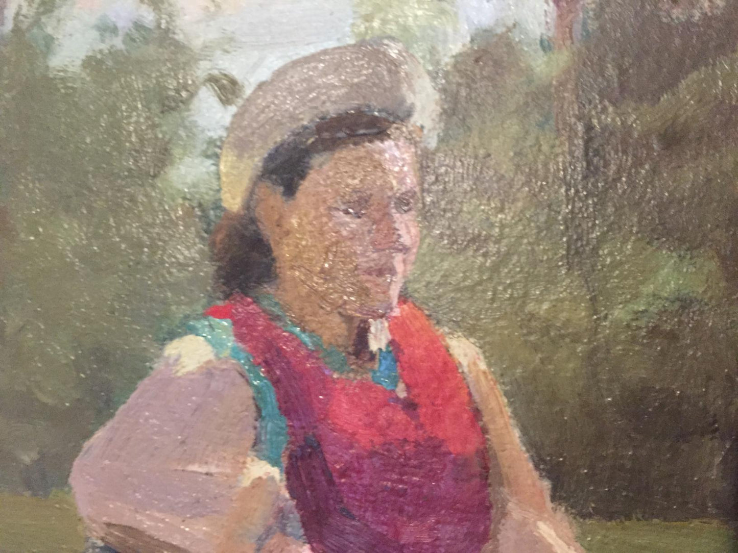 Oil painting of woman in park by Leonid Mikhailovich Stil