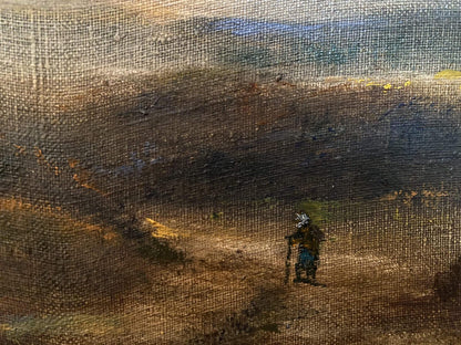 Oil painting Before the Rain by Litvinov Oleg Arkad’yevich, solitary figure in dark clothing on rugged landscape under textured sky