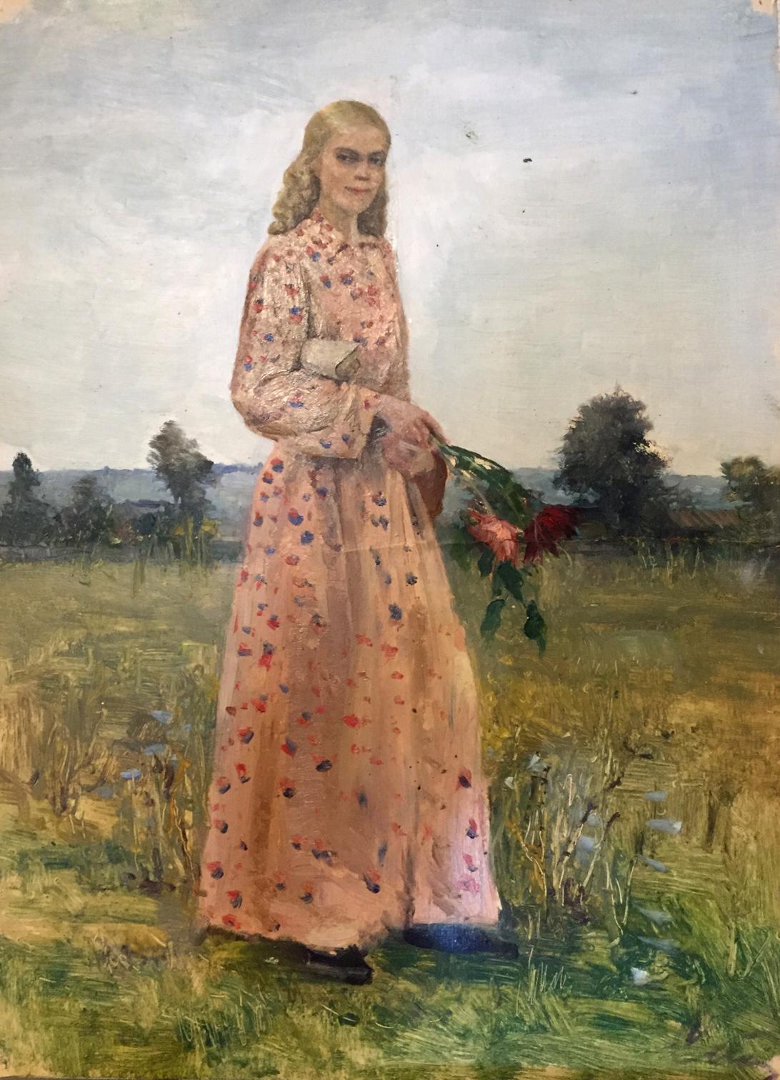 Oil painting of girl in pink floral dress in field by Leonid Mikhailovich Stil