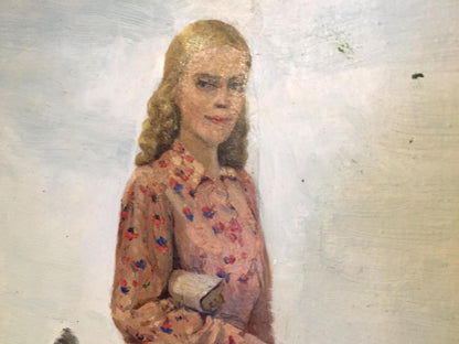 Oil painting of girl with flowers by Leonid Mikhailovich Stil