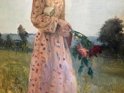 Oil painting of girl with flowers by Leonid Mikhailovich Stil in peach floral dress