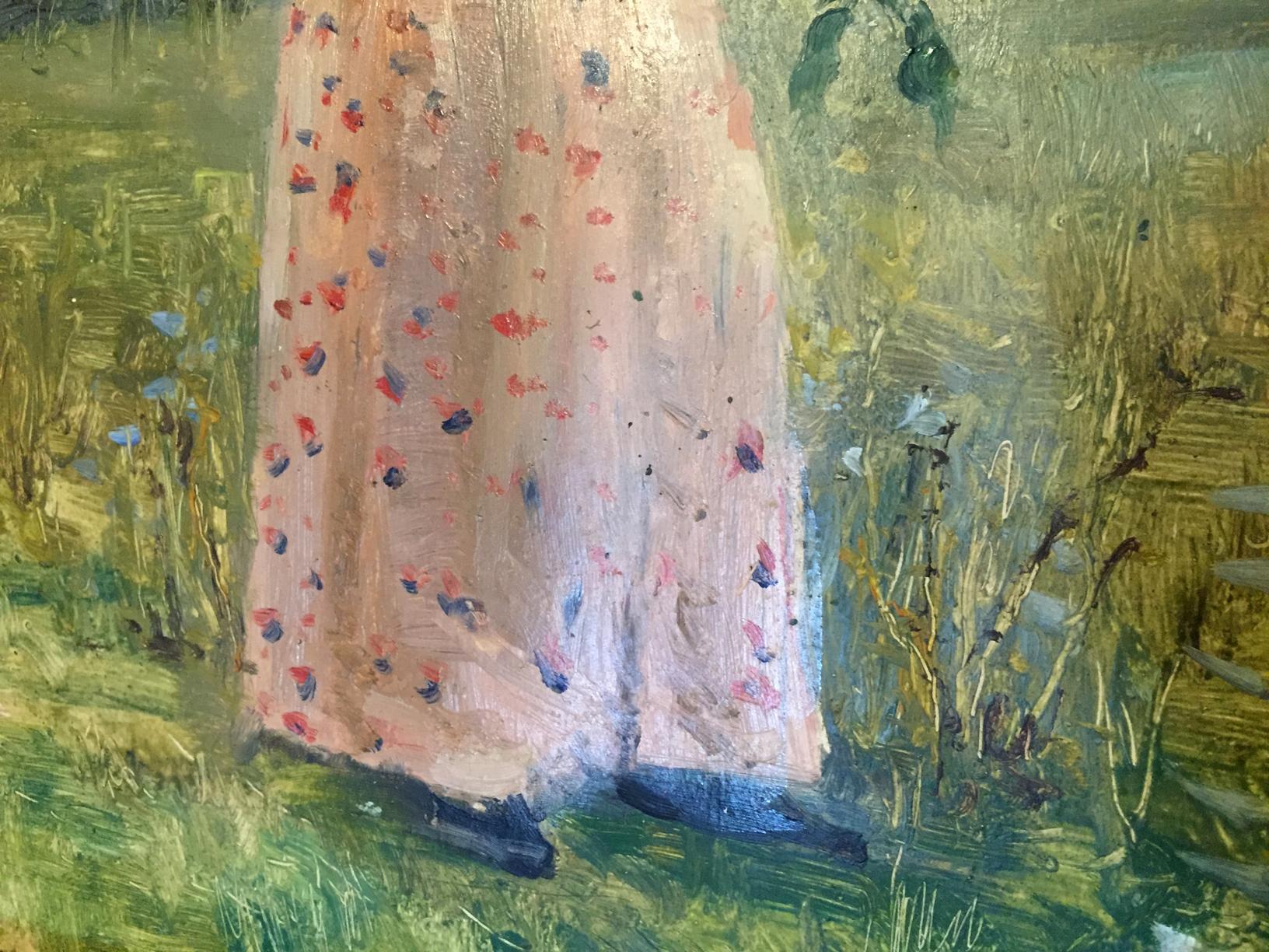 Impressionistic oil painting of girl in pale pink floral dress by Leonid Mikhailovich Stil