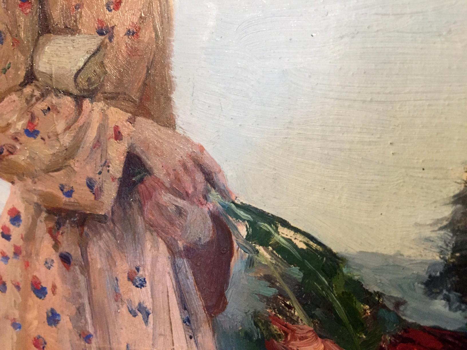 Impressionistic oil painting of girl with blue red floral dress by Leonid Mikhailovich Stil