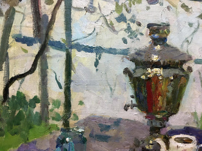 Oil painting of ornate dark green and red samovar with gold accents by Golub Stepan Filippovich