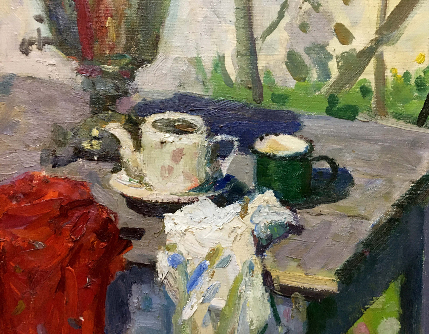 Oil painting of white ceramic teapot with pink florals by Golub Stepan Filippovich