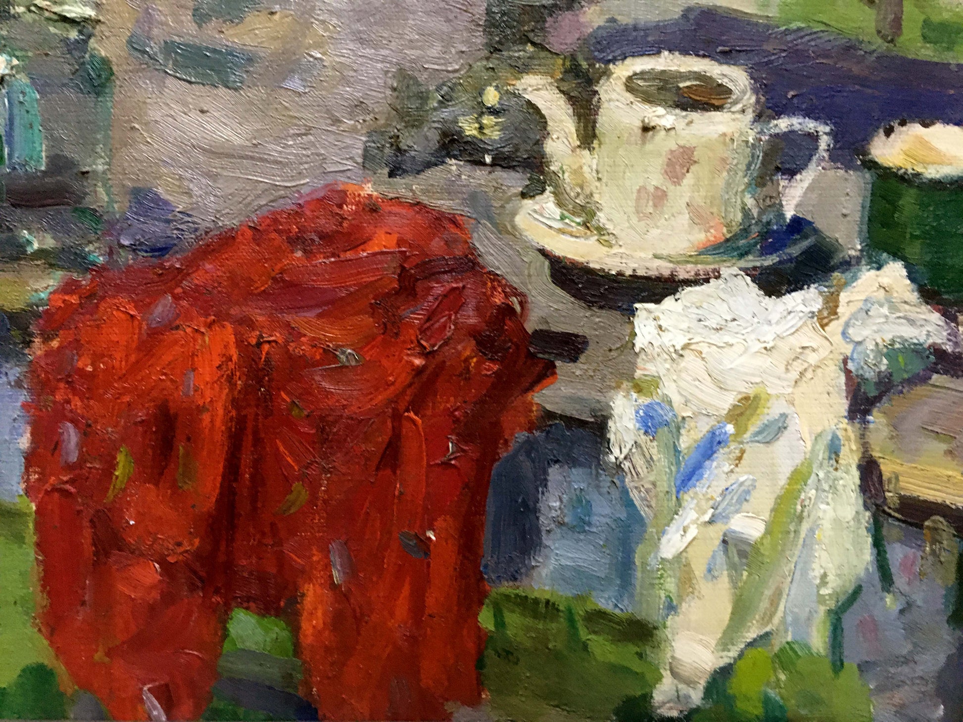 Vibrant red textured fabric in impressionistic oil painting by Golub Stepan Filippovich
