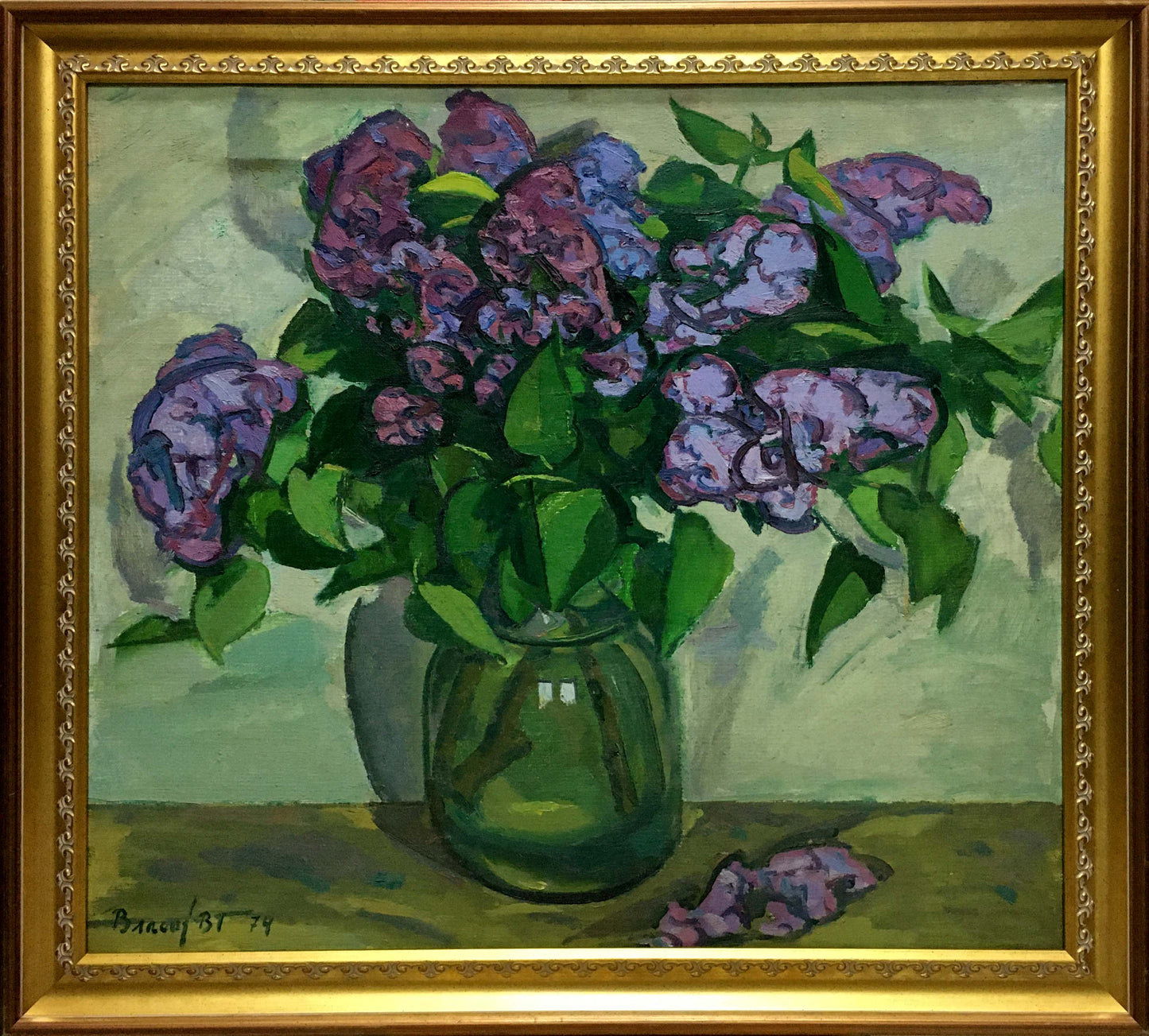 Oil painting of vibrant purple lilac bouquet in green glass vase by Vlasov Vladimir Grigorievich