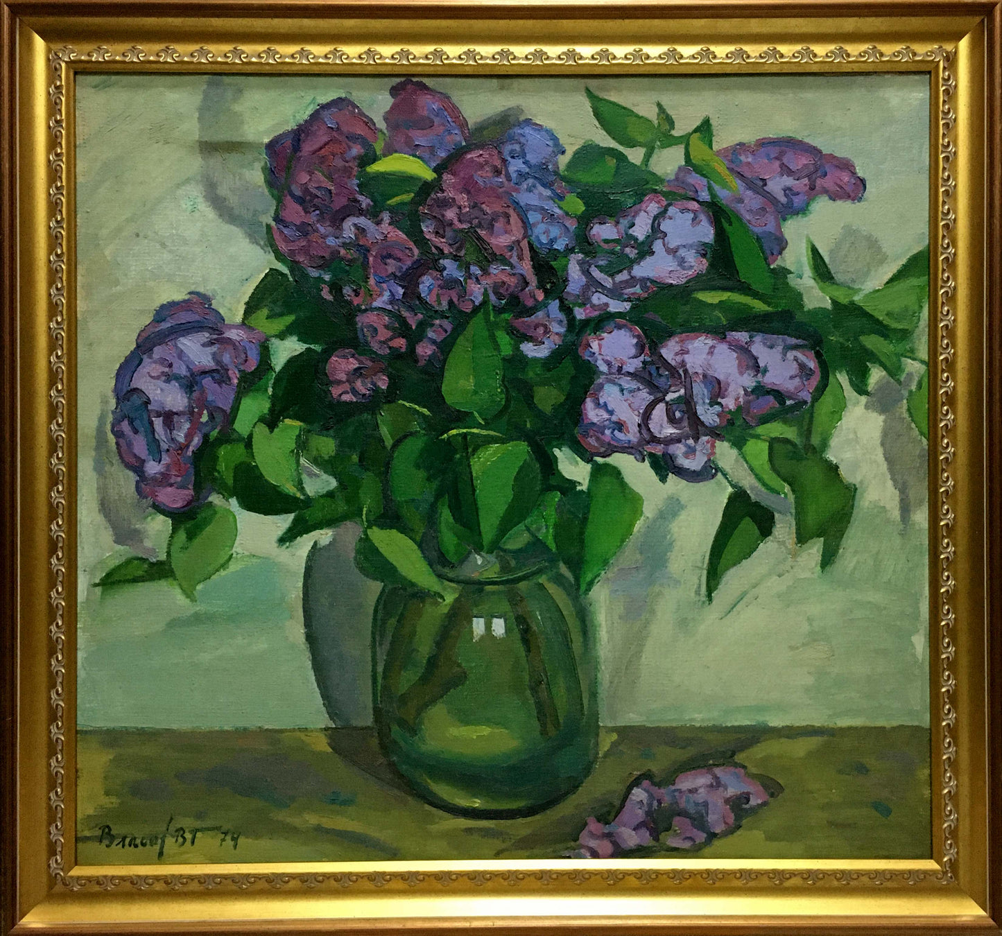 Oil painting of lilacs in green vase by Vlasov Vladimir Grigorievich