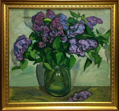 Oil painting of lilacs in green vase by Vlasov Vladimir Grigorievich