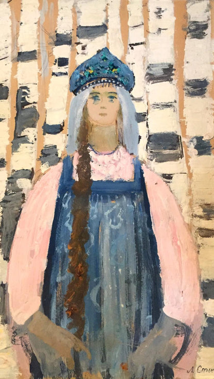Oil painting of girl in birch grove by Leonid Mikhailovich Stil