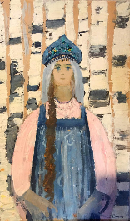 Oil painting of girl in birch grove by Leonid Mikhailovich Stil