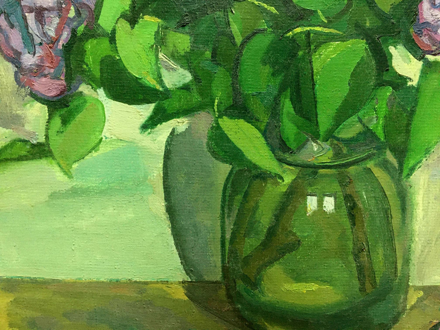 Oil painting by Lilac Vlasov Vladimir Grigorievich of green glass vase with pink flowers