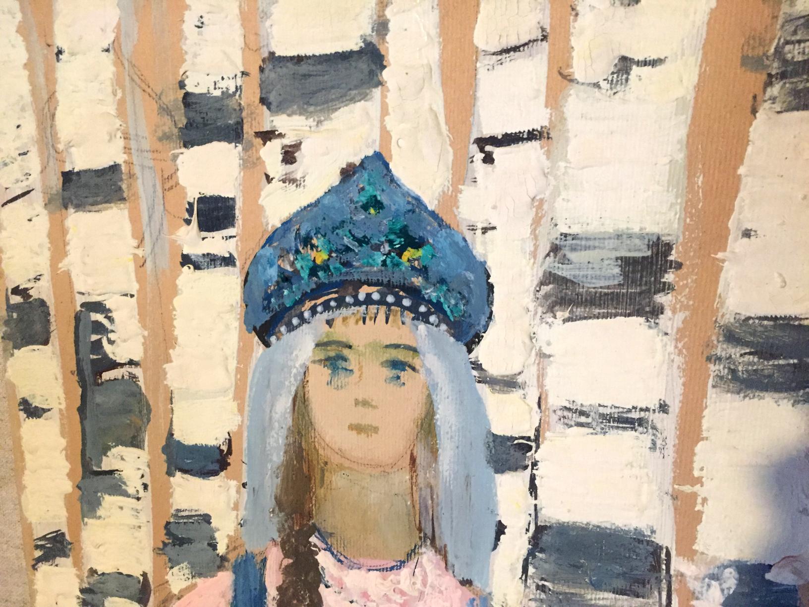 Oil painting of girl in birch grove by Leonid Mikhailovich Stil with blue ornate headdress