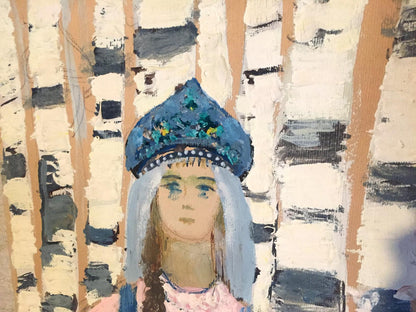 Oil painting of girl in birch grove by Leonid Mikhailovich Stil with blue ornate headdress