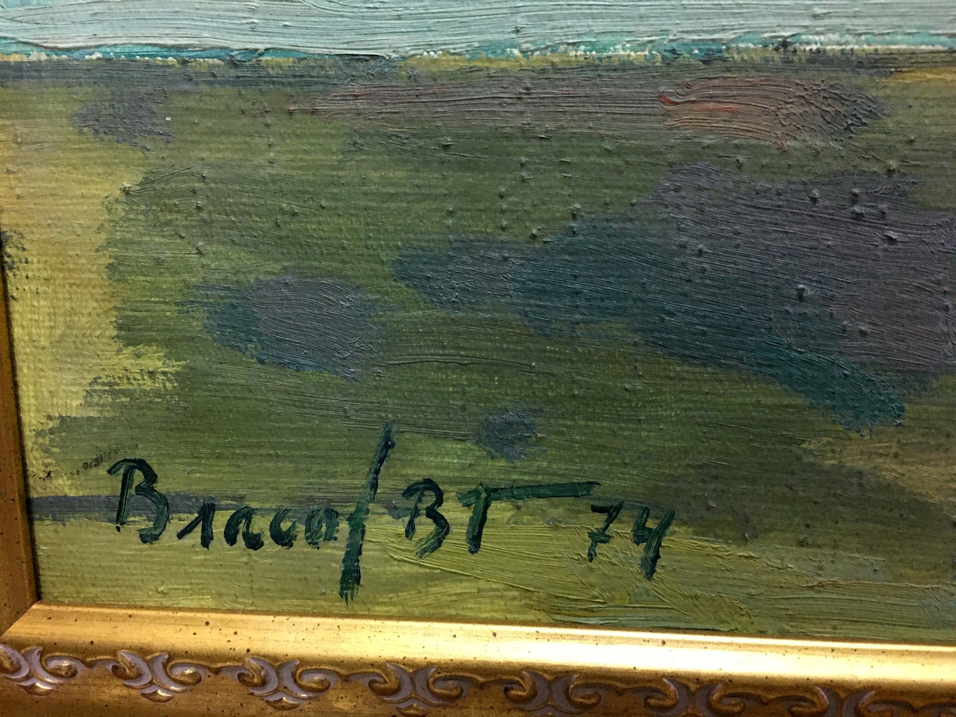 Signed oil painting Lilac by Vlasov Vladimir Grigorievich, green blue textured canvas in gold frame
