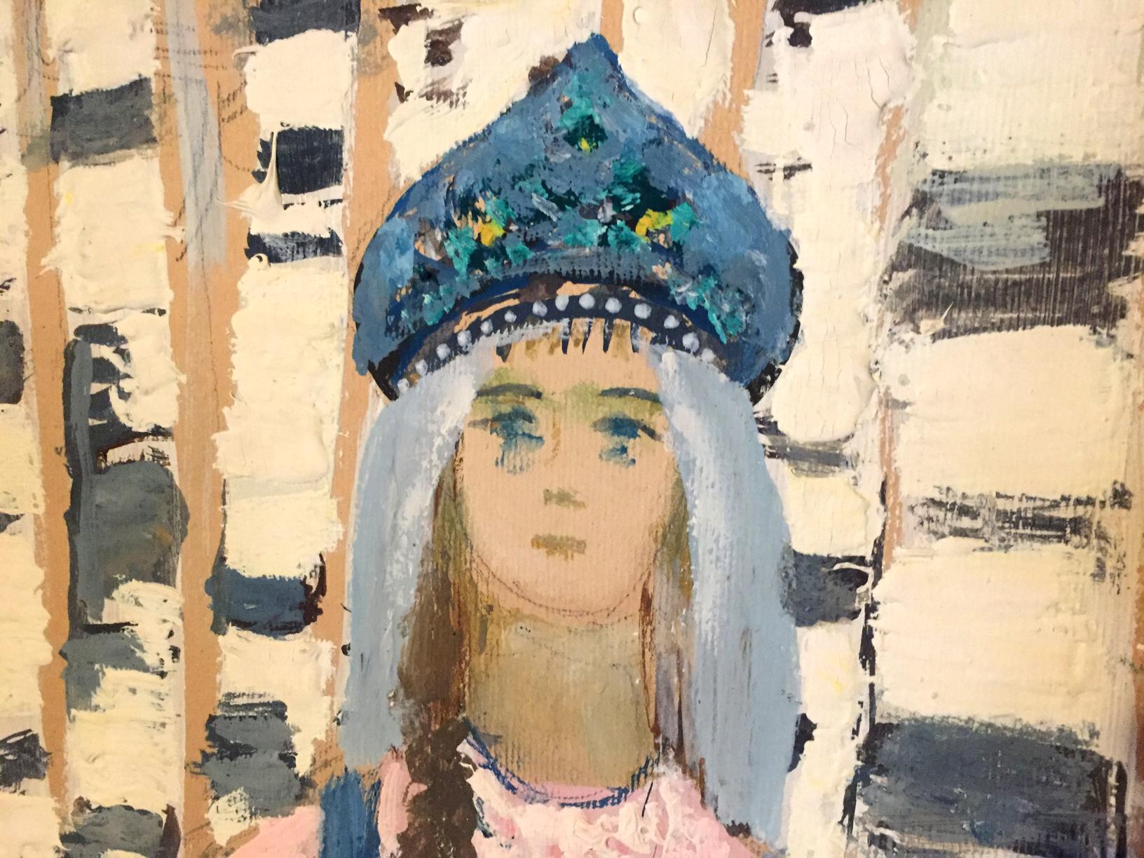 Blue embroidered headdress with white beads in Stil painting of girl in birch grove