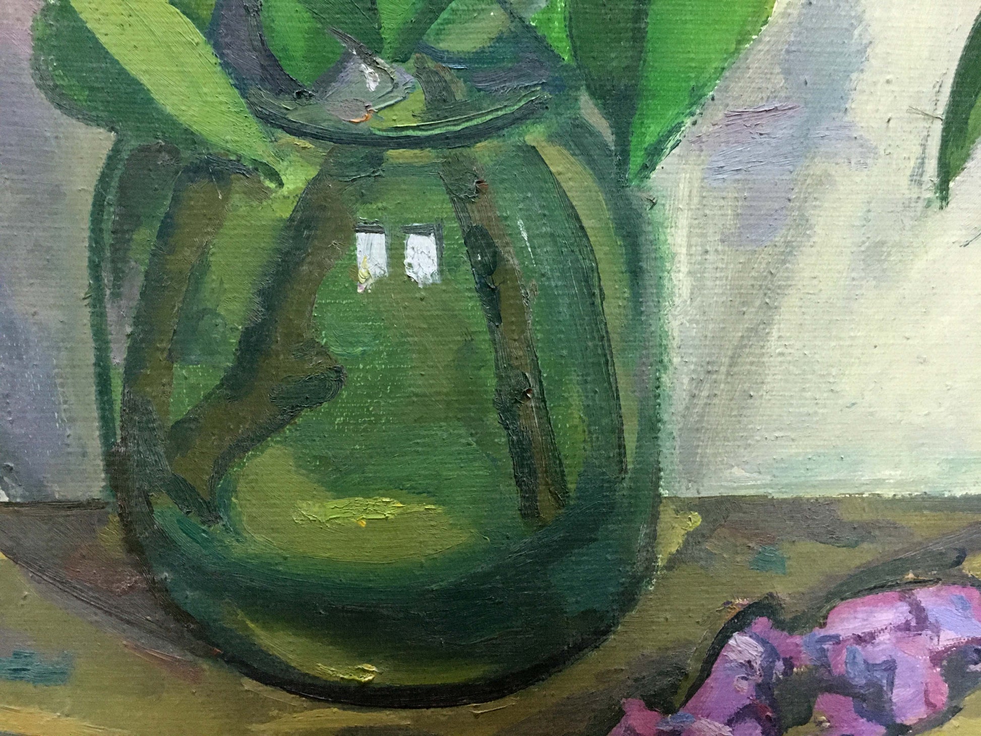Oil painting Lilac by Vlasov in translucent green glass vase with leaves