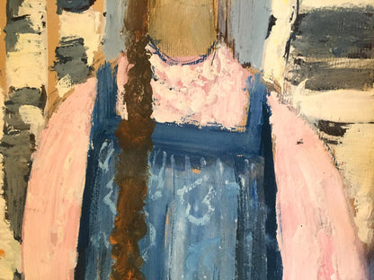 Oil painting of girl in birch grove by Leonid Mikhailovich Stil in blue dress