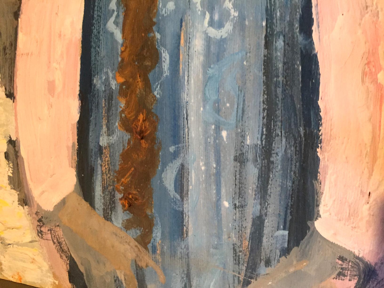 Oil painting Girl in birch grove by Leonid Mikhailovich Stil with abstract blue strokes