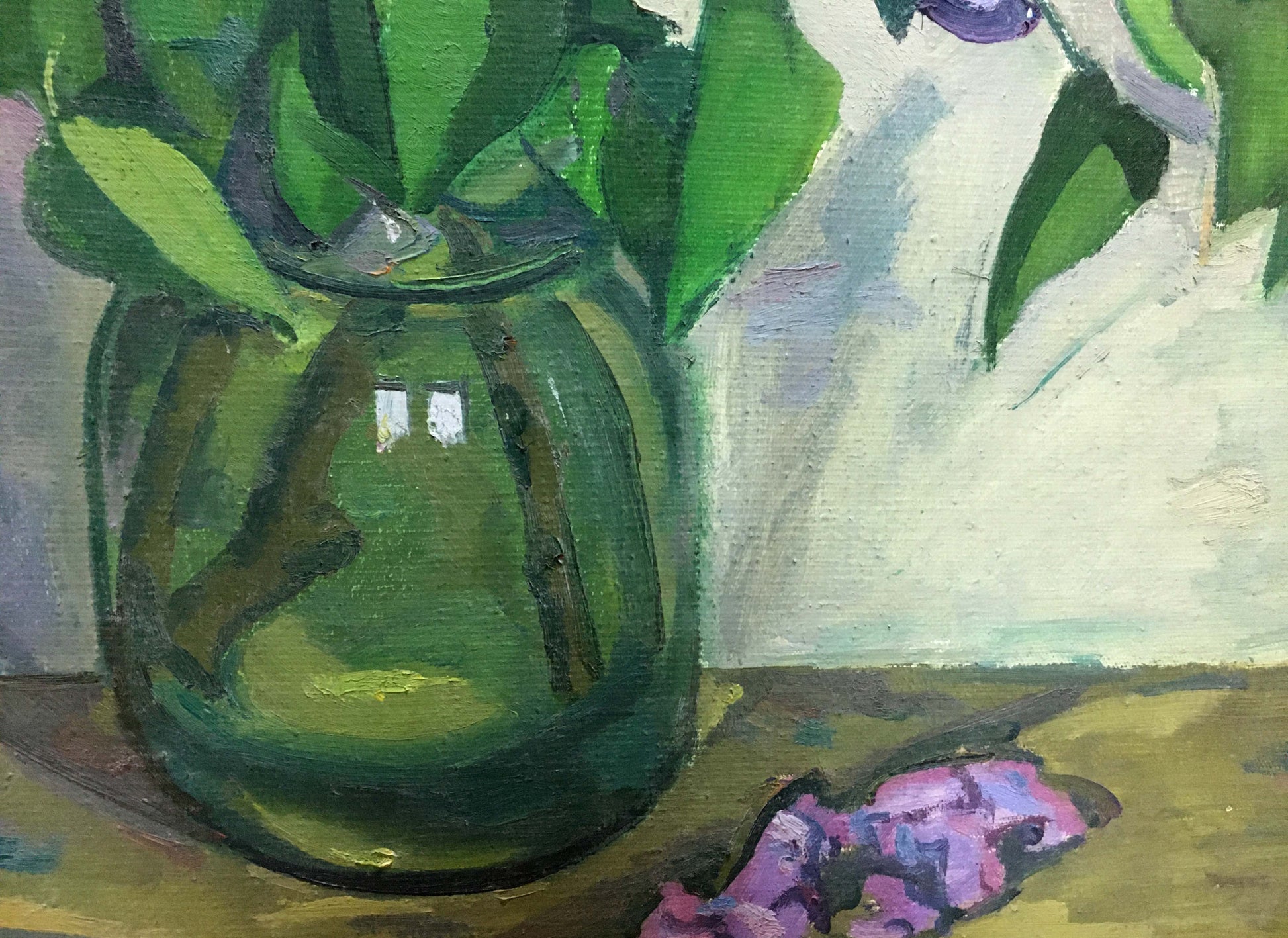Translucent green glass vase with lush foliage by Lilac Vlasov Vladimir Grigorievich