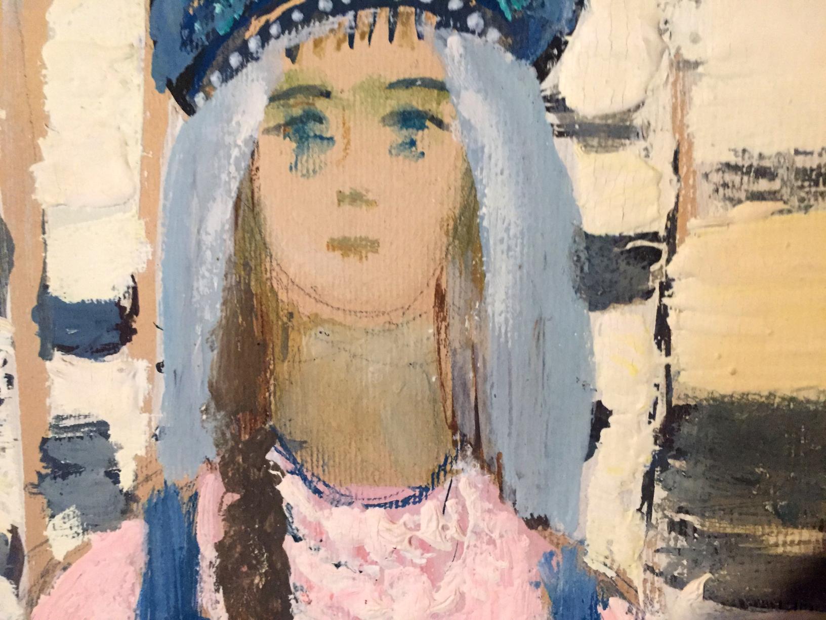 Oil painting of girl in birch grove by Leonid Mikhailovich Stil with blue hair
