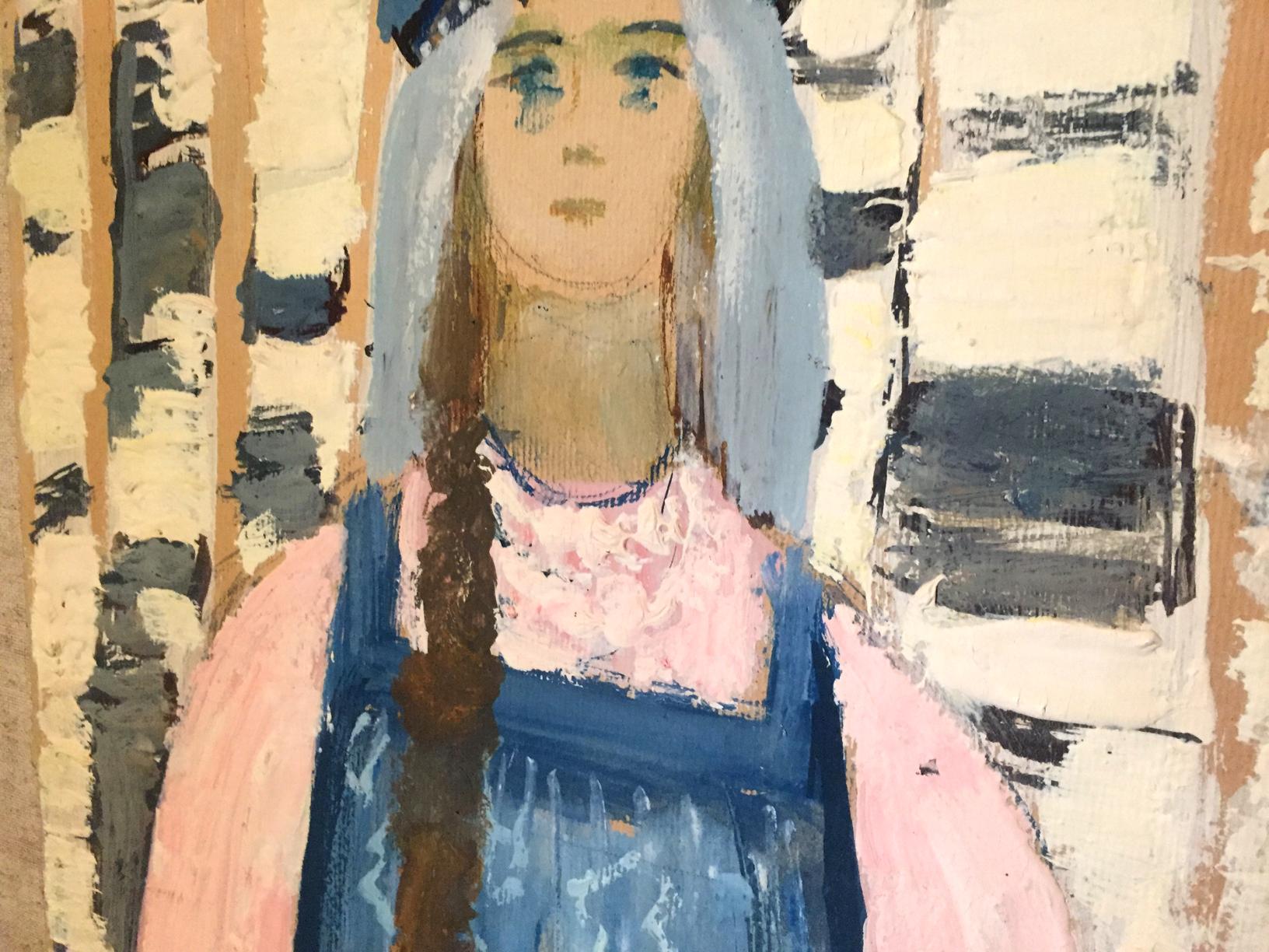 Oil painting of girl in birch grove by Leonid Mikhailovich Stil