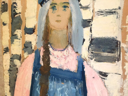 Oil painting of girl in birch grove by Leonid Mikhailovich Stil