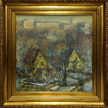 Impressionistic oil painting by Olga Sergeevna Otroshchenko: winter village with yellow roofs