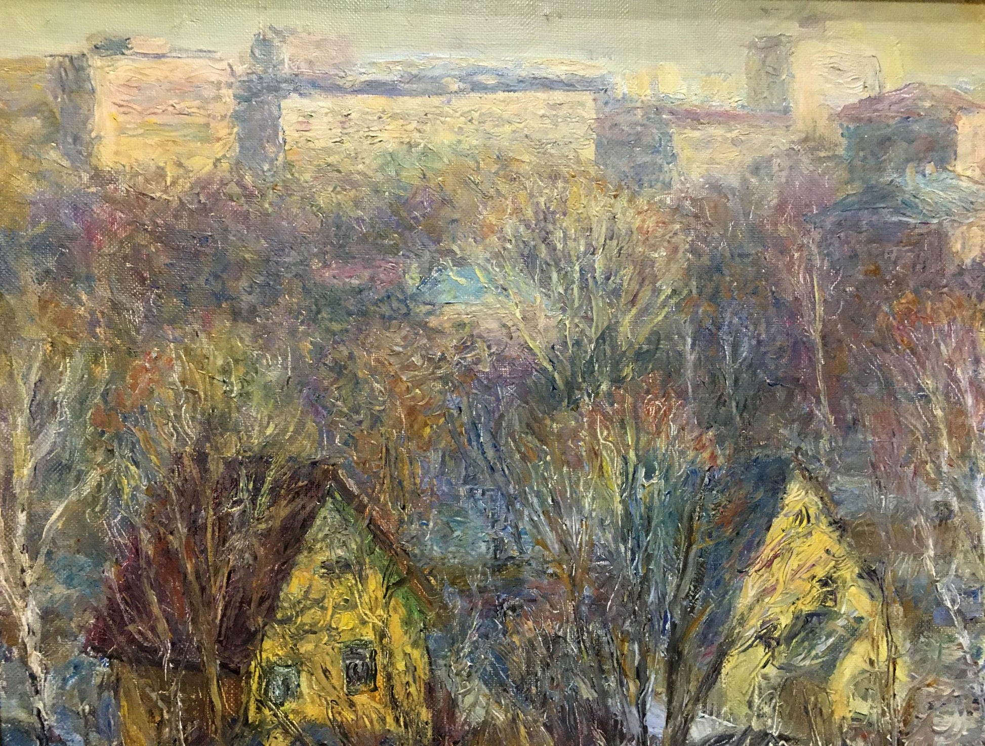 Textured impressionistic oil painting of village scene by Olga Sergeevna Otroshchenko, March