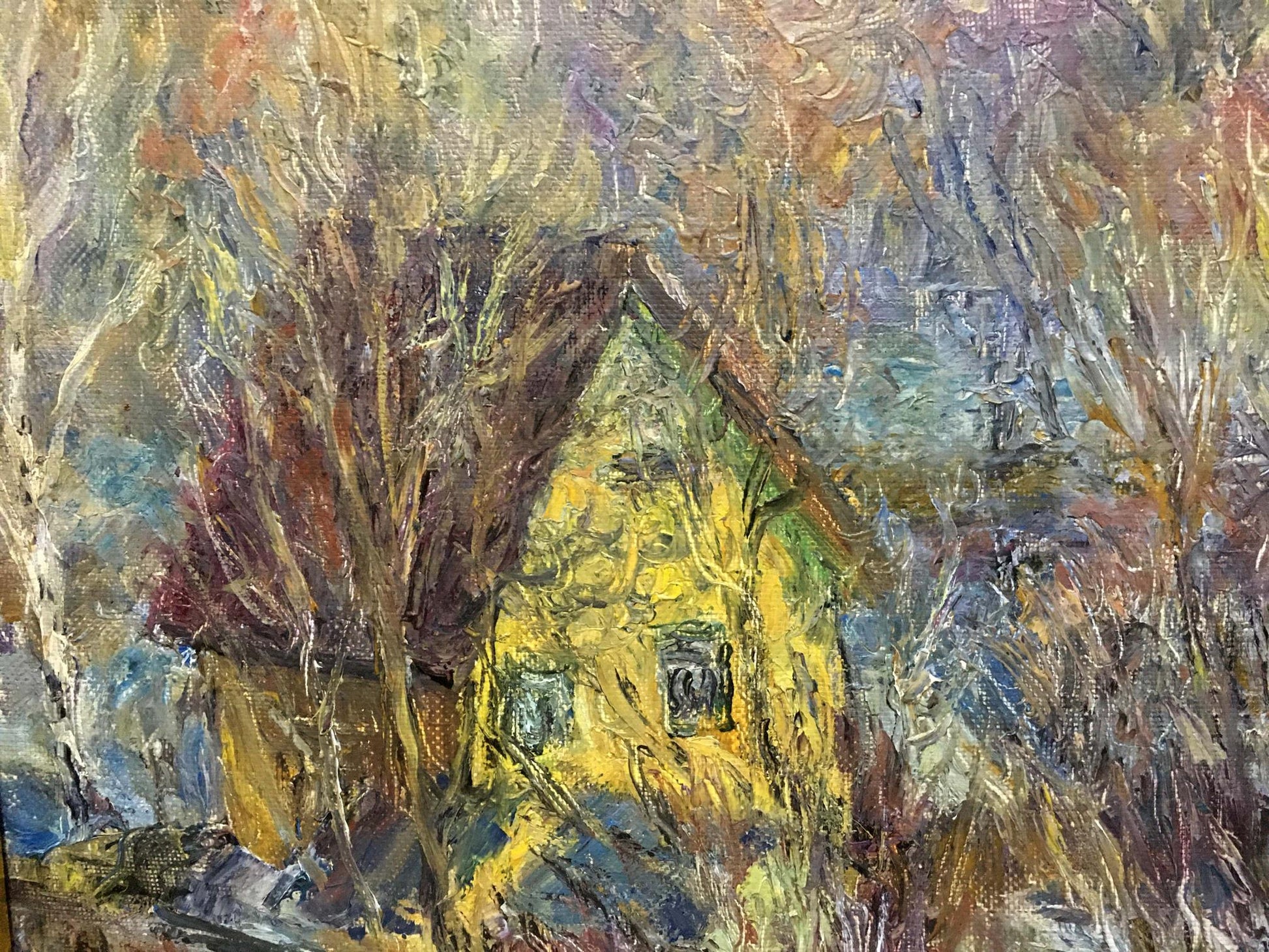 Vibrant yellow house by Olga Sergeevna Otroshchenko, autumn trees, oil painting