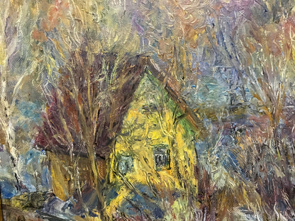 Vibrant yellow house by Olga Sergeevna Otroshchenko, autumn trees, oil painting