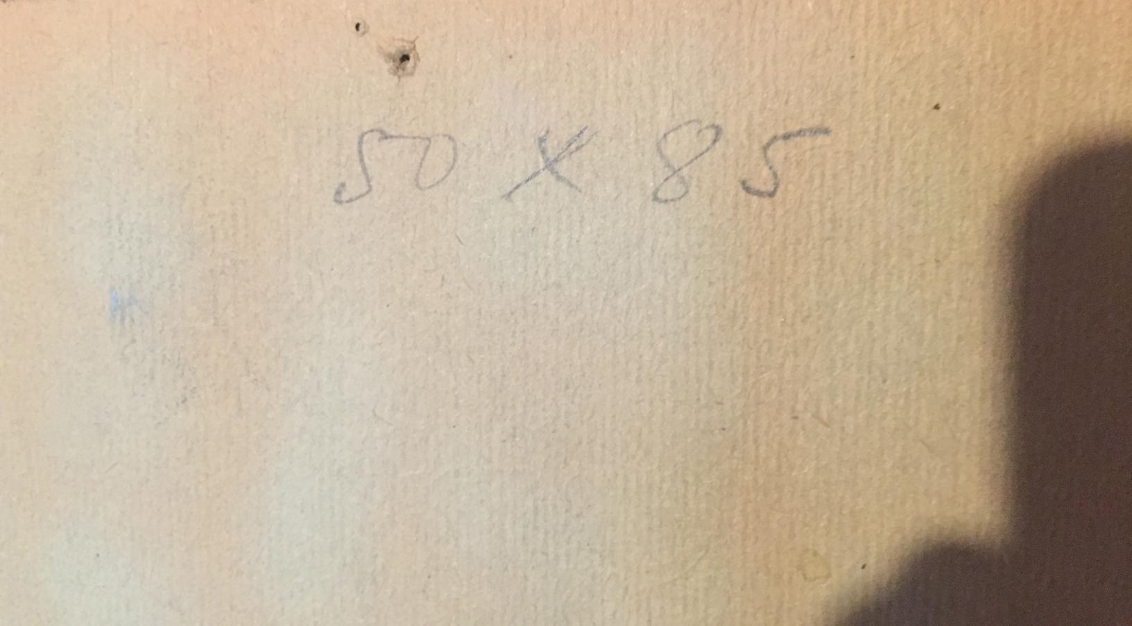 Back of Leonid Mikhailovich Stil oil painting with 50 x 85 handwritten in gray pencil on beige wall