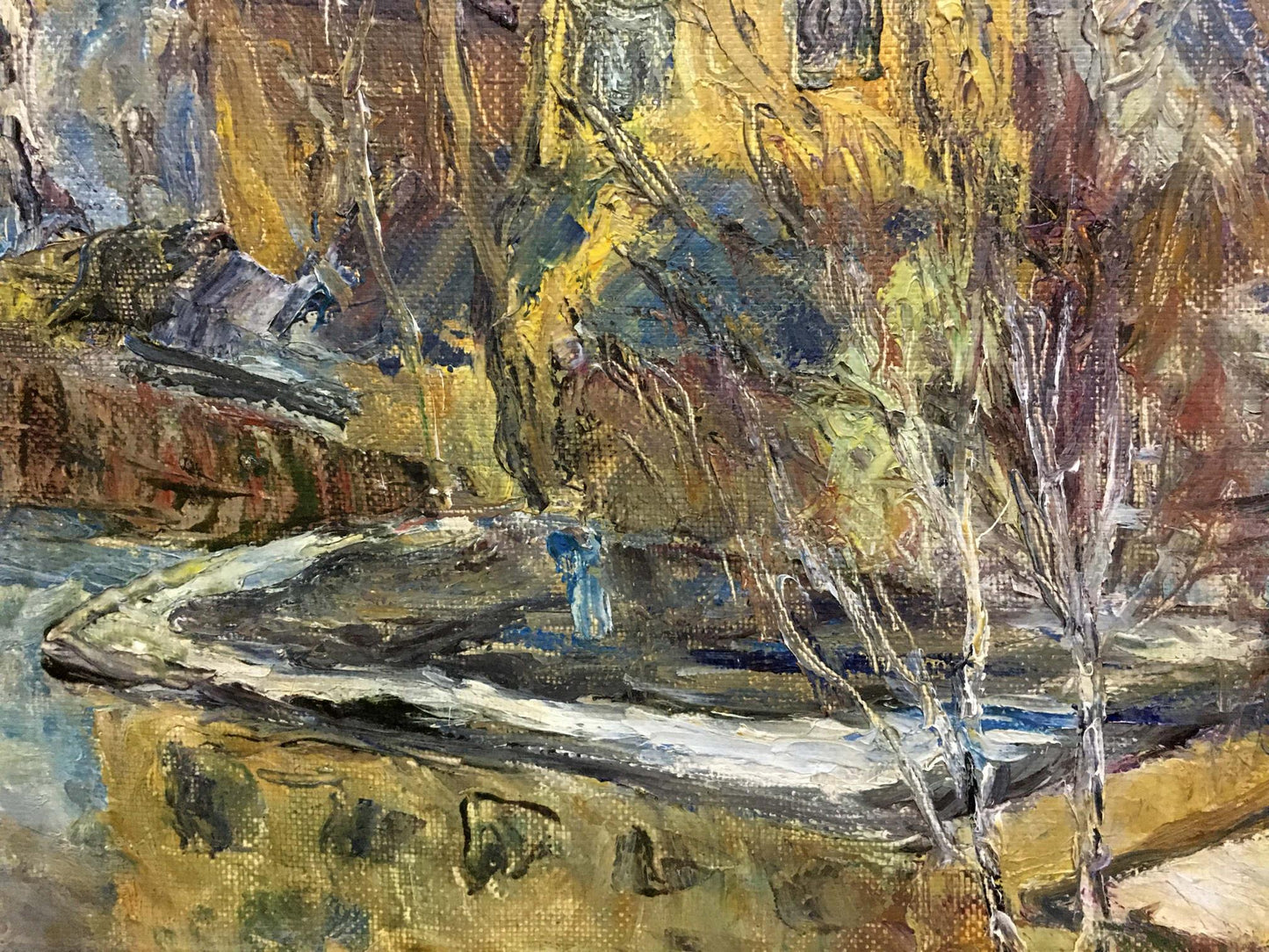Oil painting March by Olga Sergeevna Otroshchenko: textured fountain and bare trees