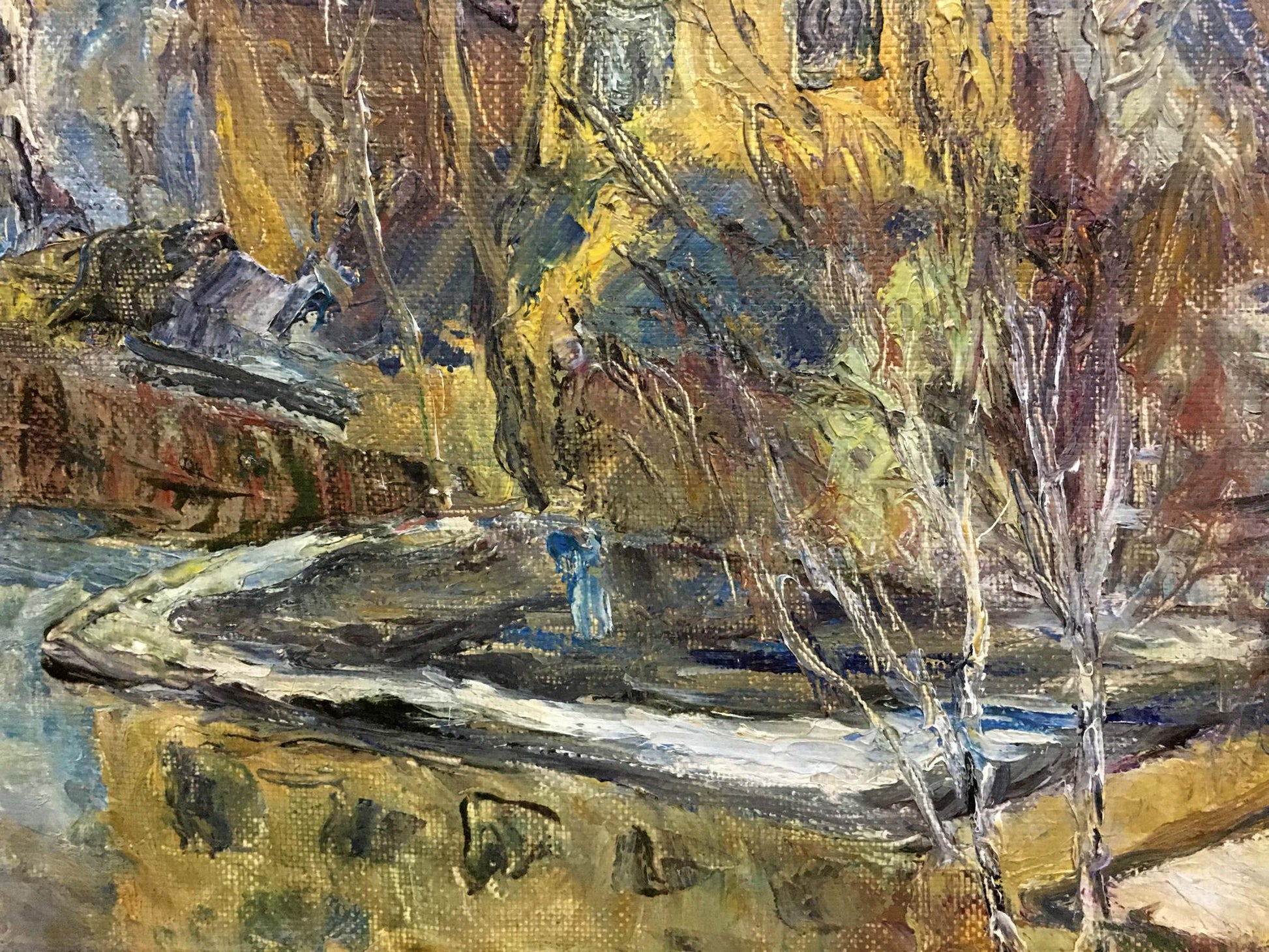 Oil painting March by Olga Sergeevna Otroshchenko: textured fountain and bare trees