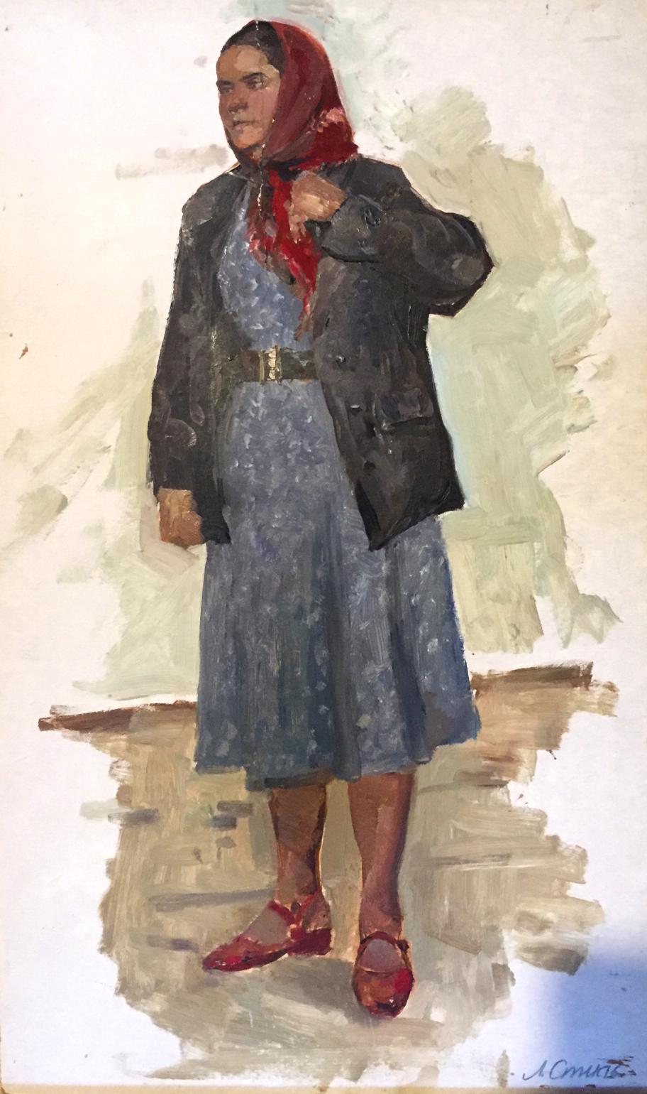 Oil painting portrait of old woman by Leonid Mikhailovich Stil in red headscarf