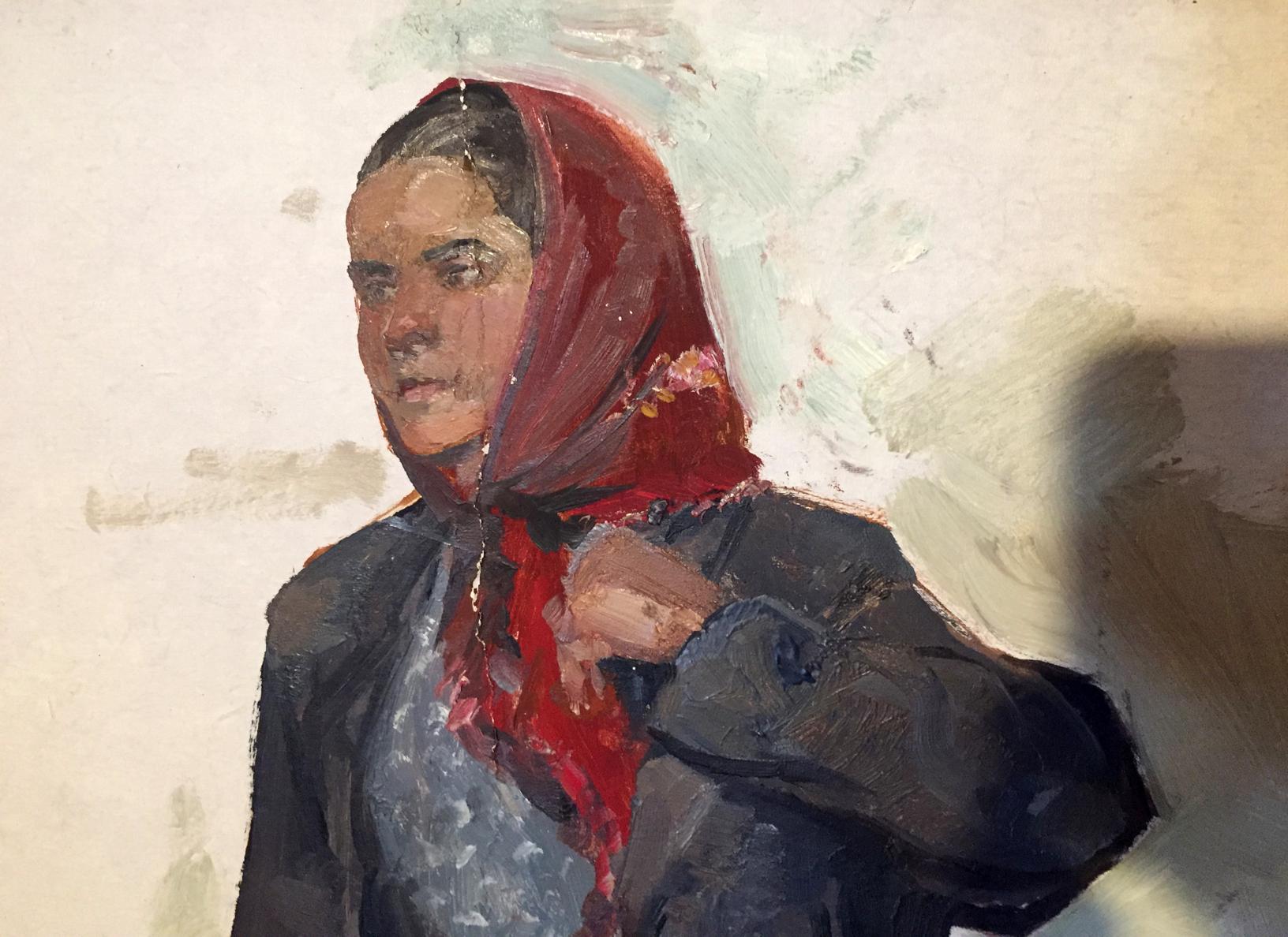 Oil painting portrait of old woman by Leonid Mikhailovich Stil in red headscarf
