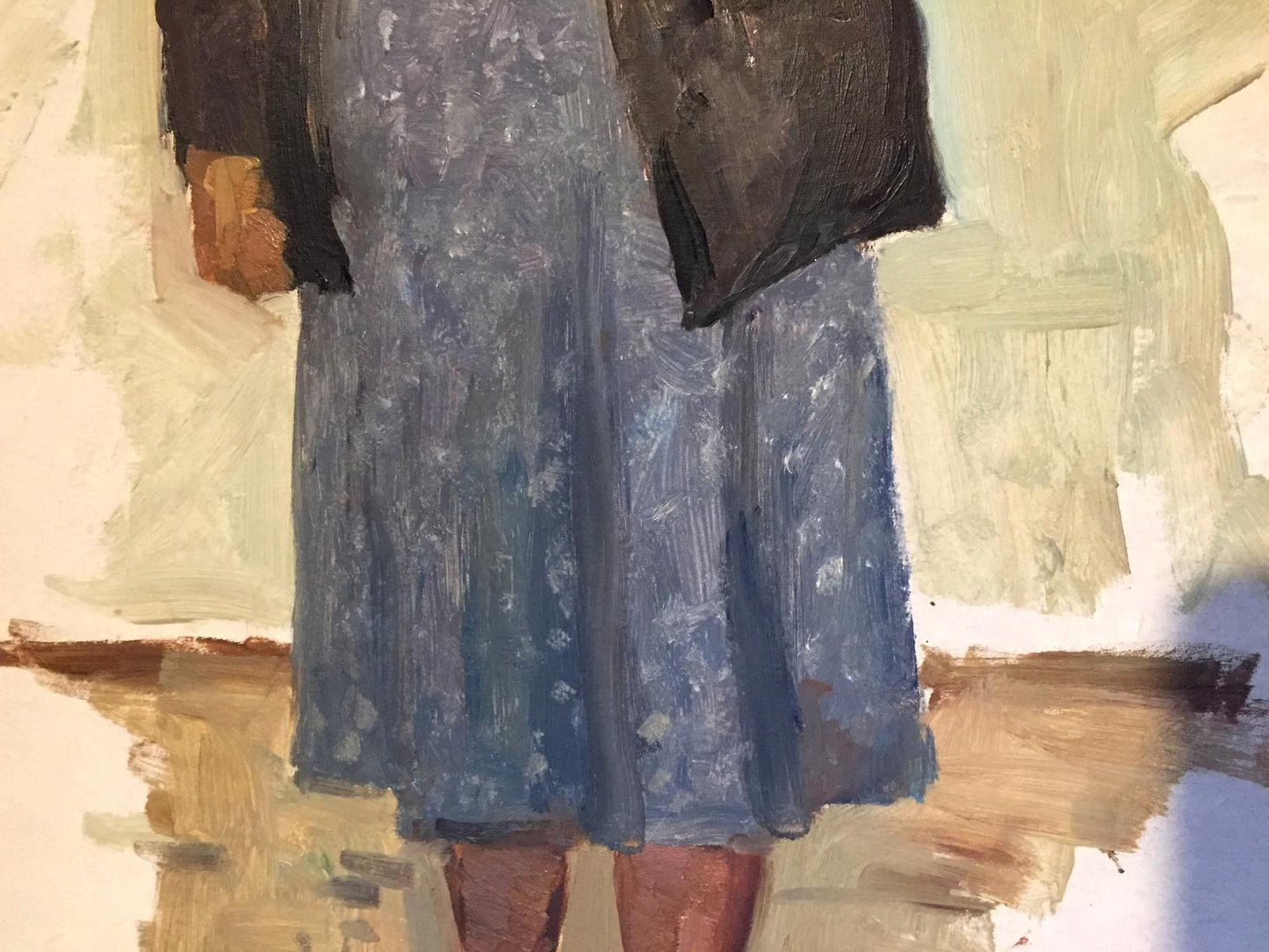 Oil painting portrait of old woman in blue floral dress by Leonid Mikhailovich Stil