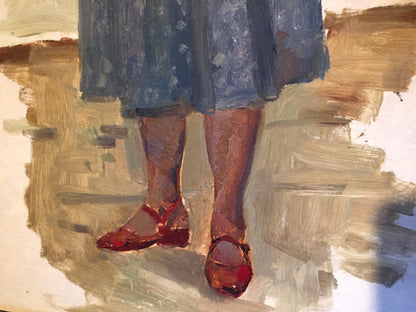 Red Mary Jane flat shoes with thin straps in Stil oil painting portrait