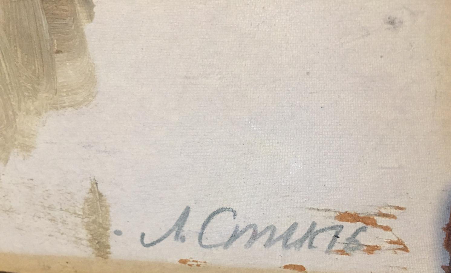 Signature j. on back of Leonid Mikhailovich Stil oil painting portrait of old woman
