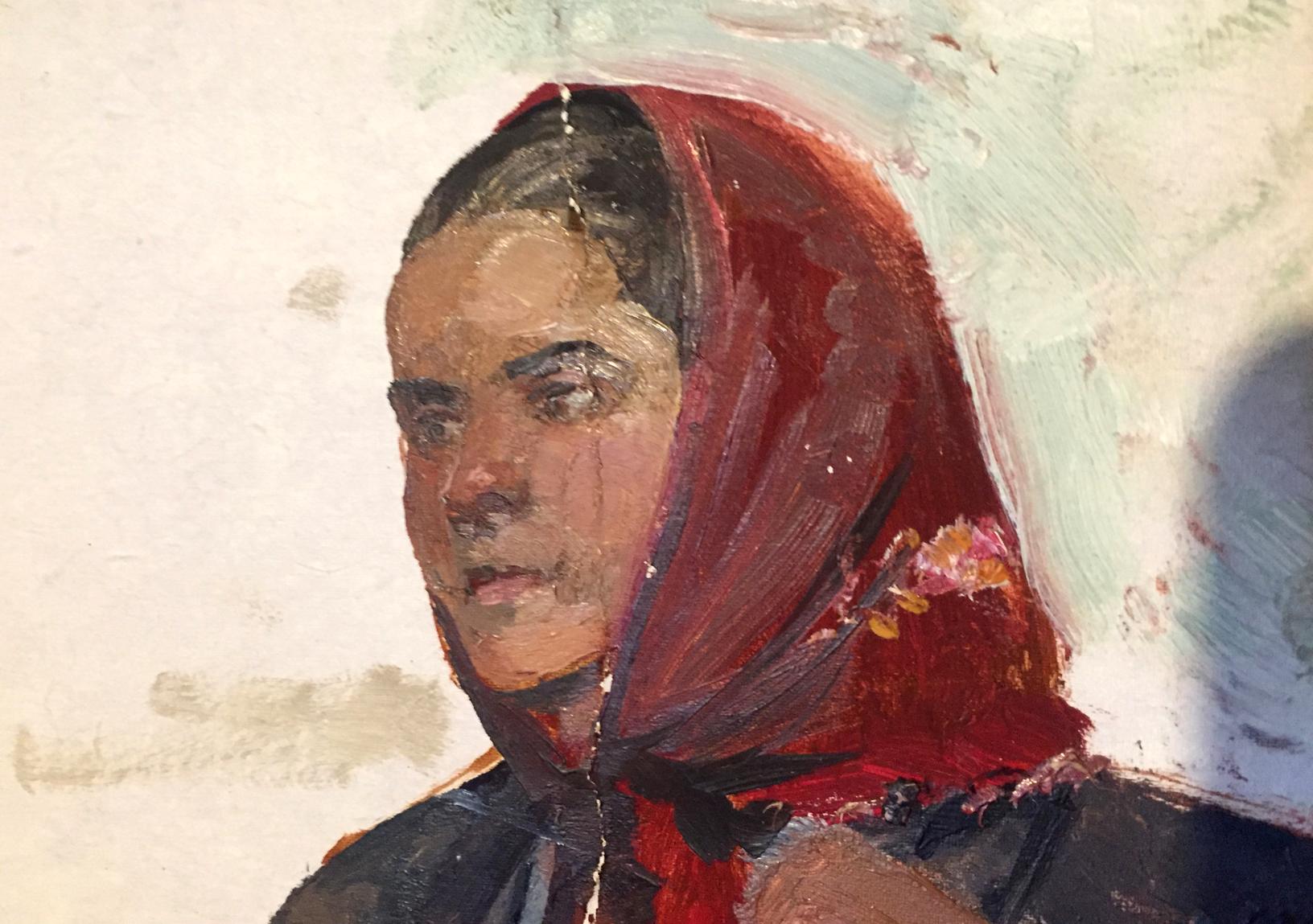 Oil painting portrait of old woman in rich red floral headscarf by Leonid Stil