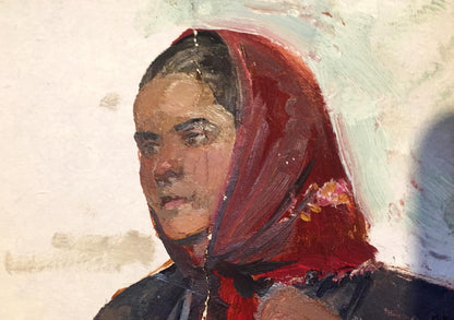 Oil painting portrait of old woman in rich red floral headscarf by Leonid Stil