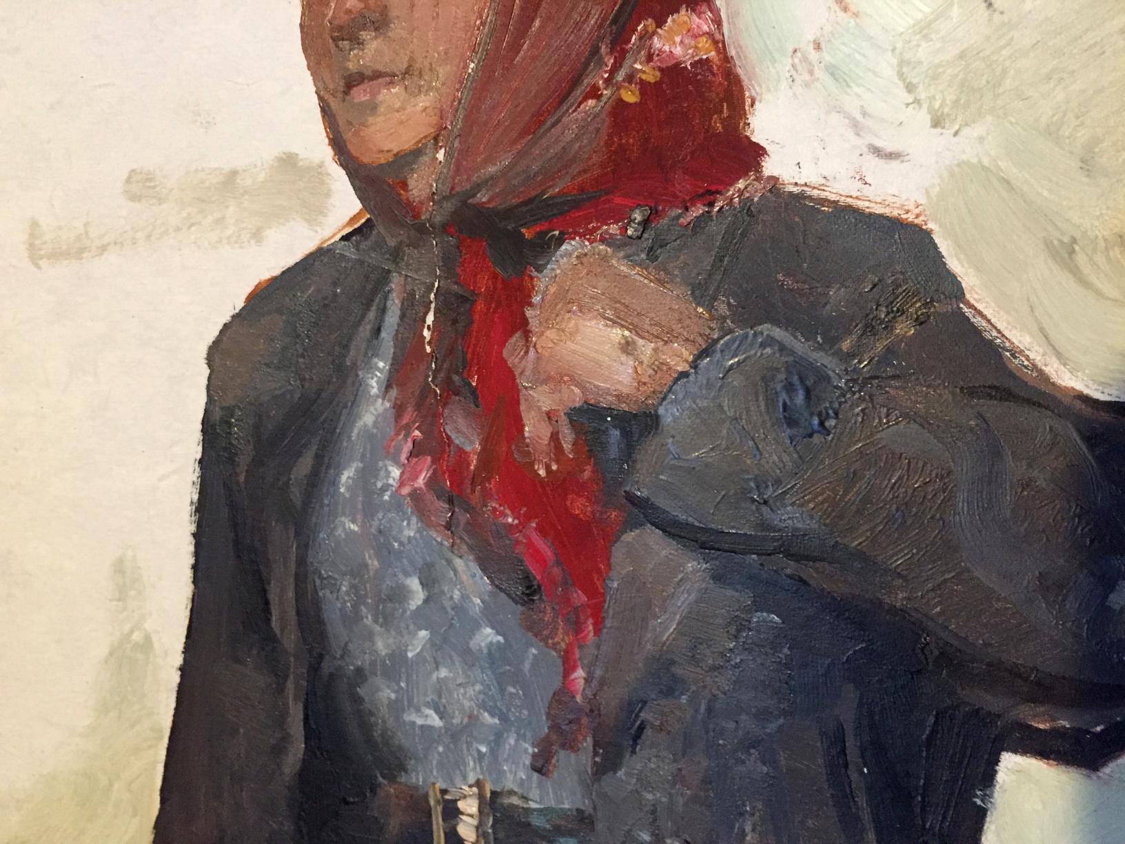 Oil painting portrait of old woman by Leonid Mikhailovich Stil in red headscarf
